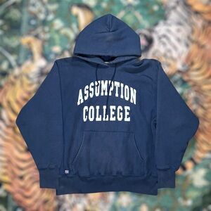 Vintage 90s Assumption College Reverse Weave Style Hoodie Blue Made USA M